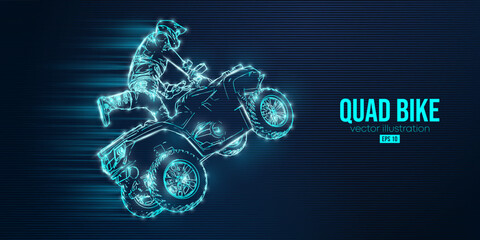 Abstract silhouette of a ATV Quad bike, All-Terrain vehicle, isolated on blue background. Rider jumps on quad bike. Vector illustration - obrazy, fototapety, plakaty