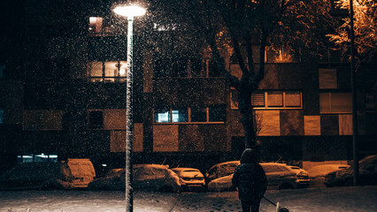 night in the city with snow