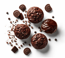 chocolate muffins on white background, flat lay photo, Generative AI