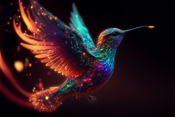 Colorful cartoon rainbow bird with black background. Wonderful electric bird exploding with colourful energy 