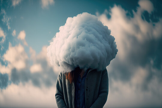 woman standing outside witha  big cloud over her head, ai generated