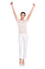 Full-length studio portrait of an attractive young woman with her arms outstretched isolated on a PNG background.