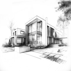 black and white drawing of a modern minimalist house in idyllic setting, generative AI
