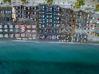 Bird's-eye drone view of Bodrum beach and tables