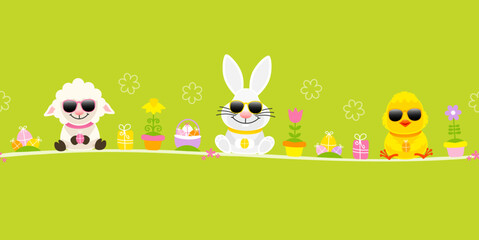Schaf, Weißer Osterhase & Küken Sonnenbrille Icons Banner Grün