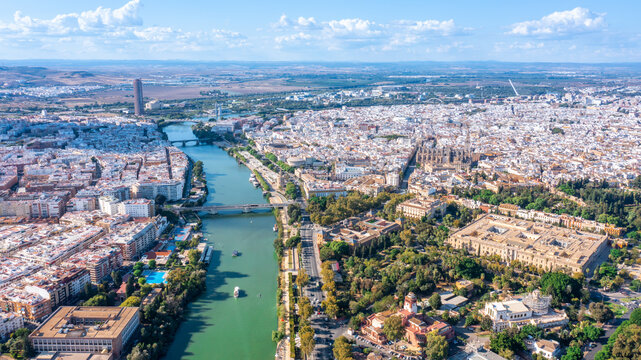 Aerial view of the Spanish city of Seville in the Andalusia region on the river Guadaquivir overlooking cathedral and Real Alcazar