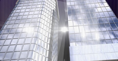 Fototapeta na wymiar Spots of lights over tall building model against black background