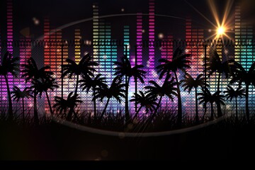 Silhouette of palm trees, music equalizer and spot of light against black background