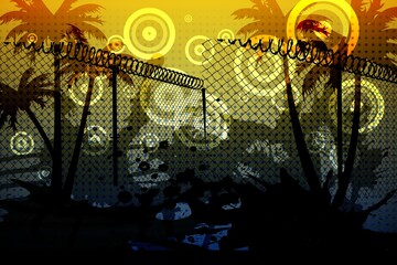 Barbed wire over silhouette of palm trees against yellow background