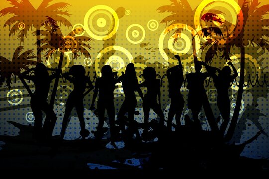 Silhouette of people dancing and palm trees against yellow background