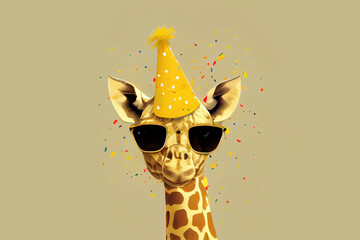 Naklejki  giraffe in party hat and sunglasses. Generative Ai