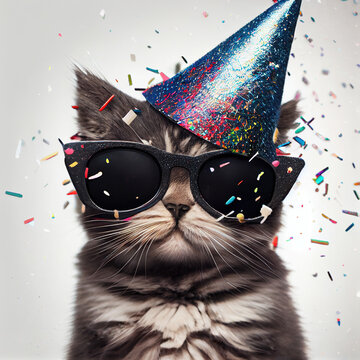 cute cat in party hat and sunglasses. Generative Ai