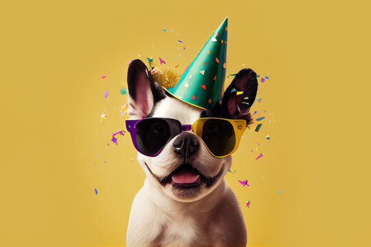 cute dog in party hat and sunglasses over yellow background. Generative Ai