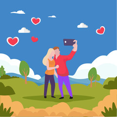 Couple posting selfie on social media at valentines day Illustration

