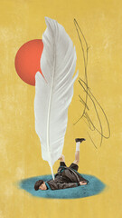 Young man lying with quill over light background with abstract design elements. Concept of...