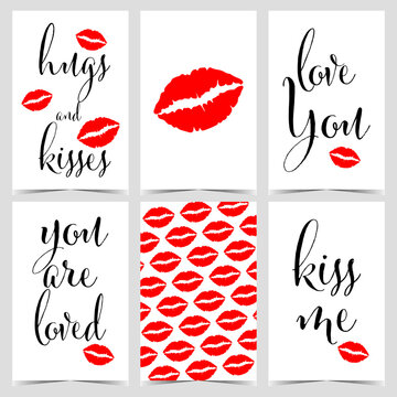 Valentine's Day postcard, gift label or tag with red lipstick kiss and black romantic love text or messages on white background. Vector illustration for any purpose on Feast of Saint Valentine.