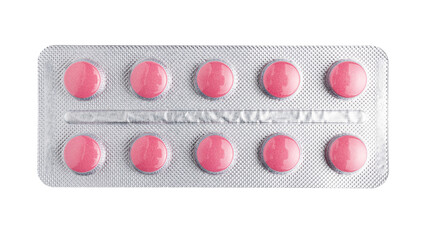 Red pills and tablets in a blister pack isolated on transparent background, top view, healthcare and medicine concept