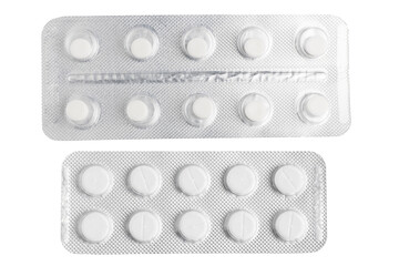 Pills, tablets in a blister pack isolated on transparent background, top view, healthcare and medicine concept