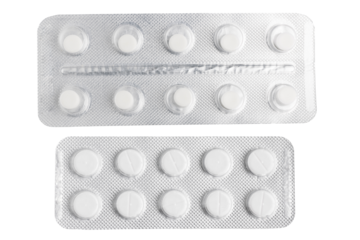 Pills, tablets in a blister pack isolated on transparent background, top view, healthcare and medicine concept