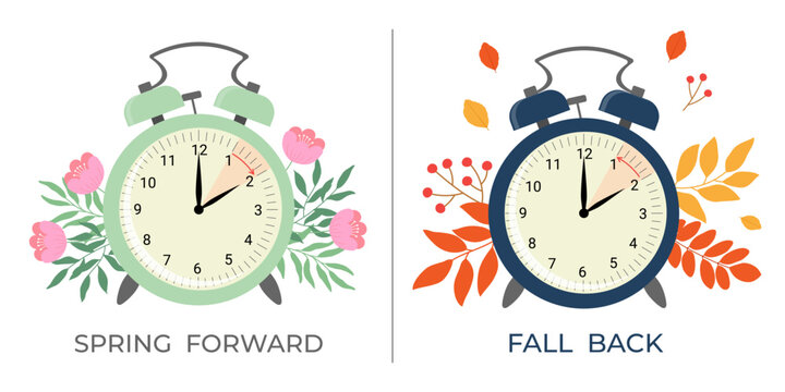 Daylight saving time concept banner. Spring forward and fall back time. Allarm clock with flowers and leaves.