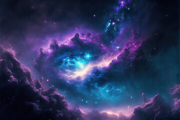 Obraz na płótnie Canvas Purple and blue space with stars. Fantasy galaxy generative AI background