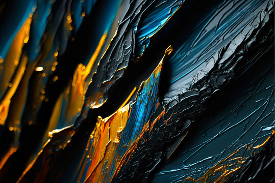 Dark oil painting abstract fragment light stroke. Brush texture close up macro hand drawn glowing art. Black orange 3D realistic smear palette knife artistic illustration