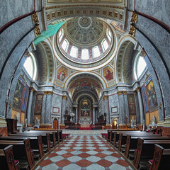 Esztergom, Hungary. Fisheye view of interior of Esztergom Basilica. The Primatial Basilica of the Blessed Virgin Mary Assumed Into Heaven and St Adalbert was built in 1822-1869.