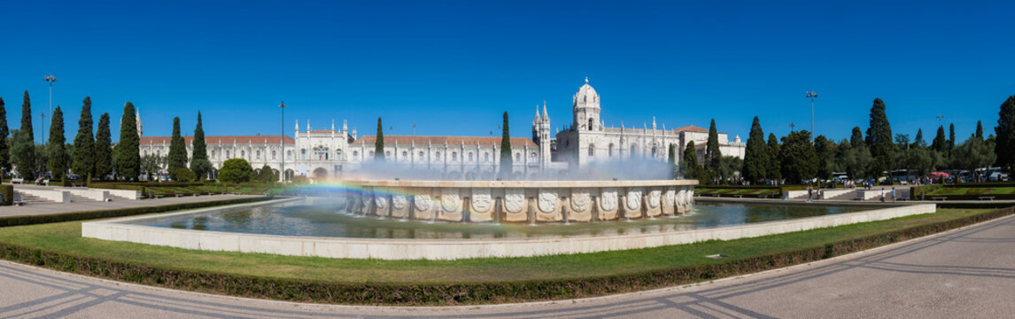 Fountain with Mosteiro dos Jeronimos, Lisbon, Portugal