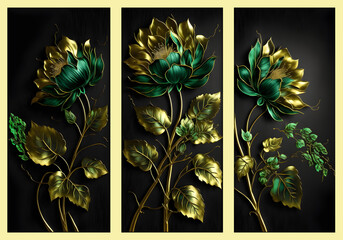 Set of green and golden flowers on black background.