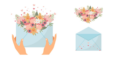 A set of an envelope, a wreath of flowers and an envelope with wild flowers in the sleeves. Vector, gentle design for greeting cards