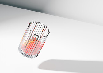 Tilted ribbed glass filled with bright red juice. Levitating in mid air in white studio background.