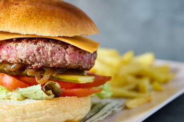 burger with cheddar cheese, caramelized onion, tomato and fries