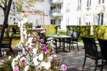 Sitzgelegenheiten eines Cafes im Garten, umrundet von Blumen