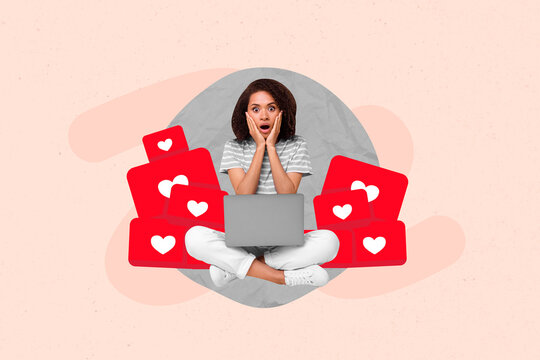 Photo picture creative 3d collage artwork of worried lady shocked amount instagram facebook likes isolated on drawing background