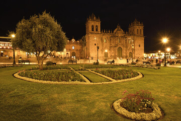 Cathedral of Cusco or Cathedral Basilica of the Virgin of the Assumption at night, Plaza de Armas, Cusco, Peru - obrazy, fototapety, plakaty