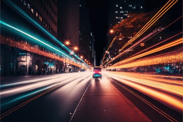  a car driving down a street at night time with long exposures of light streaks on the road and buildings in the background, with a city street lights in the foreground.  generative ai