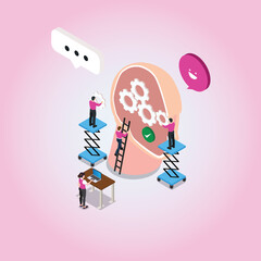 Human head with gear wheels inside 3d isometric vector illustration concept for banner, website, landing page, ads, flyer template