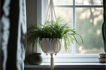  a plant in a hanging planter on a window sill next to a window sill with a curtain and a potted plant.  generative ai