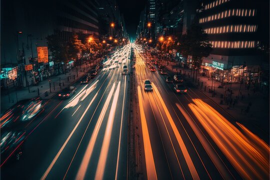  a city street filled with lots of traffic at night time with long exposure of the lights on the cars and the buildings in the background.  generative ai
