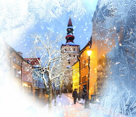 winter city people walk on snowy street trees covered by snow in evening medieval old town view from frozen window glass generated ai