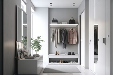  a white closet with a shelf and a coat rack with shoes and a plant in it and a potted plant in the corner of the room.  generative ai