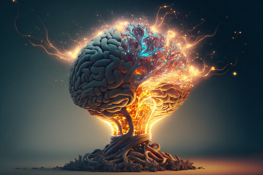 A thought-provoking image of a brain overflowing with ideas and innovation