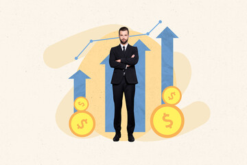 Creative photo minimal collage of confident businessman crossed hands wear suit near chart stock...