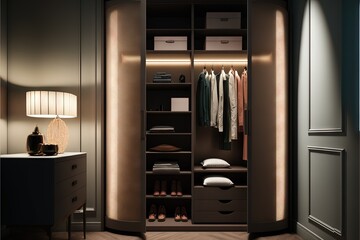  a closet with a lot of clothes and shoes in it and a lamp on the side of the closet and a lamp on the side of the closet.  generative ai