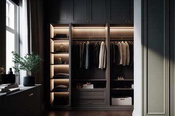  a walk in closet with a lot of clothes on it and a plant in the corner of the room next to it, and a window.  generative ai