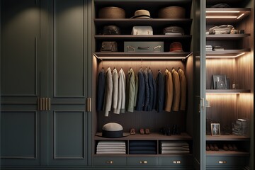  a closet with a lot of clothes and a hat on it's shelfs and shelves with shirts and hats on them and a hat on top of a table.  generative ai