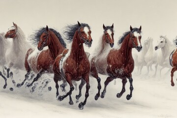 Two horses in winter. AI generated art illustration.
