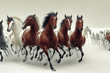 Two horses in winter. AI generated art illustration.
