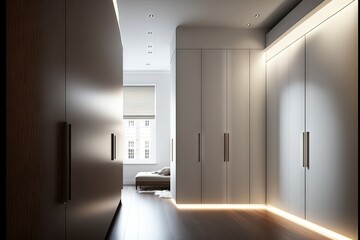  a room with a bed and a closet with a light on it's side and a window in the background with a city view.  generative ai