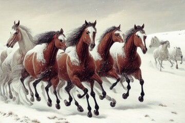 Fototapeta na wymiar Two horses in winter. AI generated art illustration. 